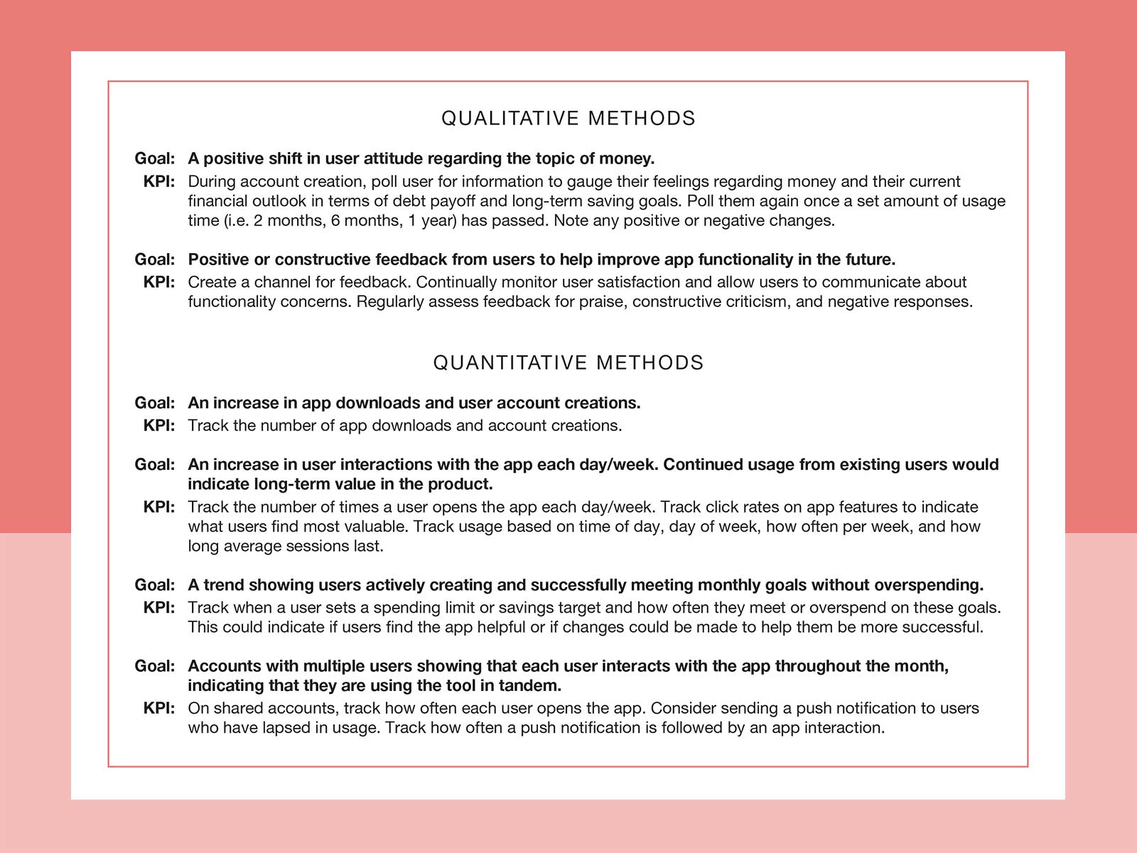 List of Qualitative and Quantitative methods for tracking Key Performance Indicators after app launch