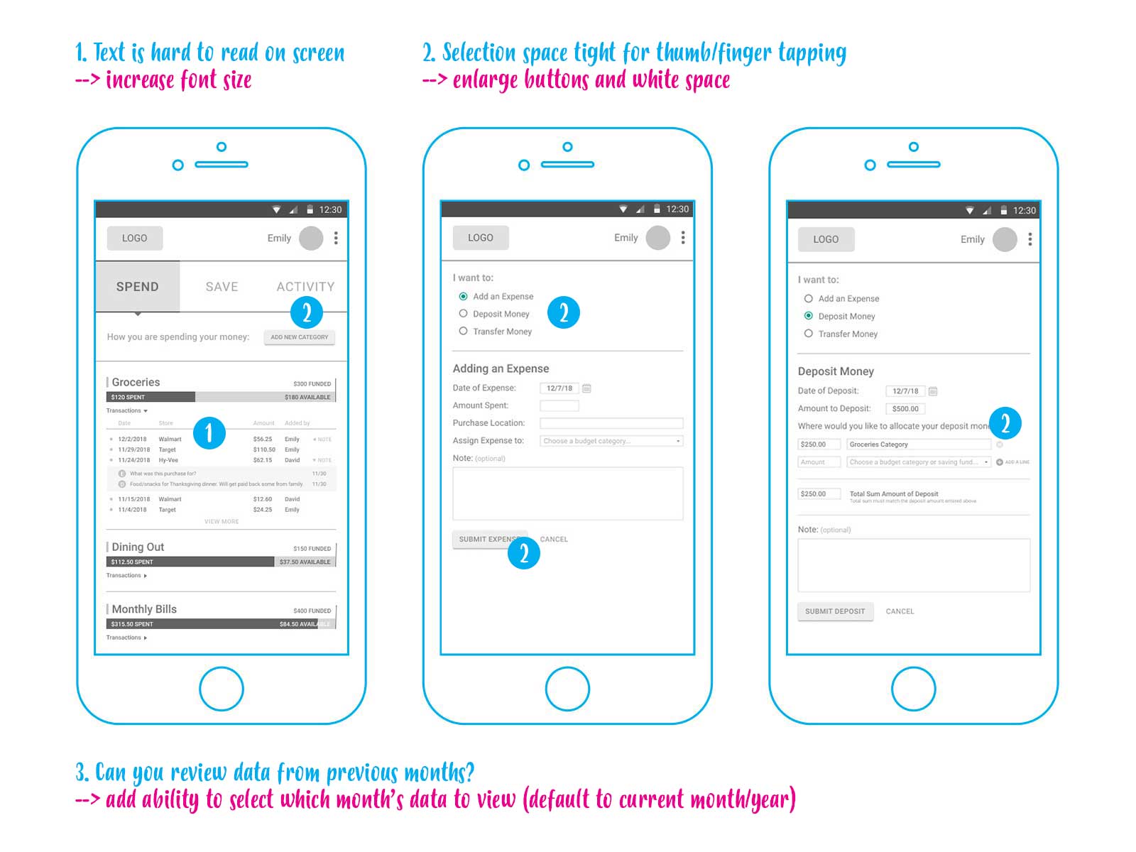 Samples of low-fidelty wireframes marked up with revision notes