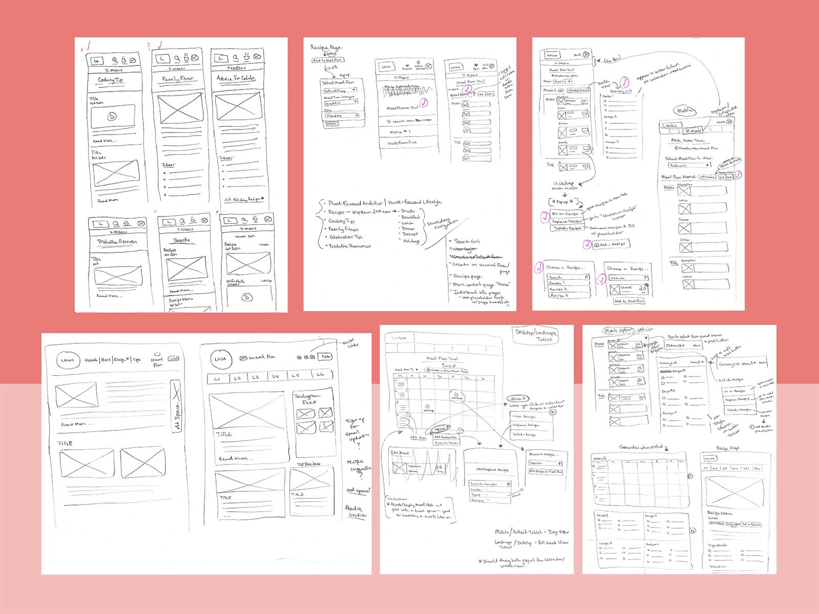 Samples of early mobile layout sketches of the project
